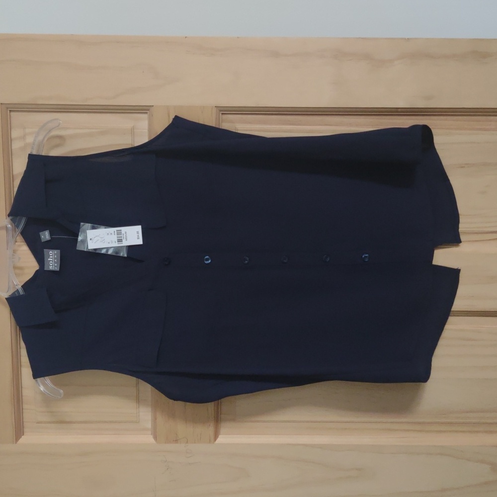 Navy Blue Sleeveless Blouse; Slit back